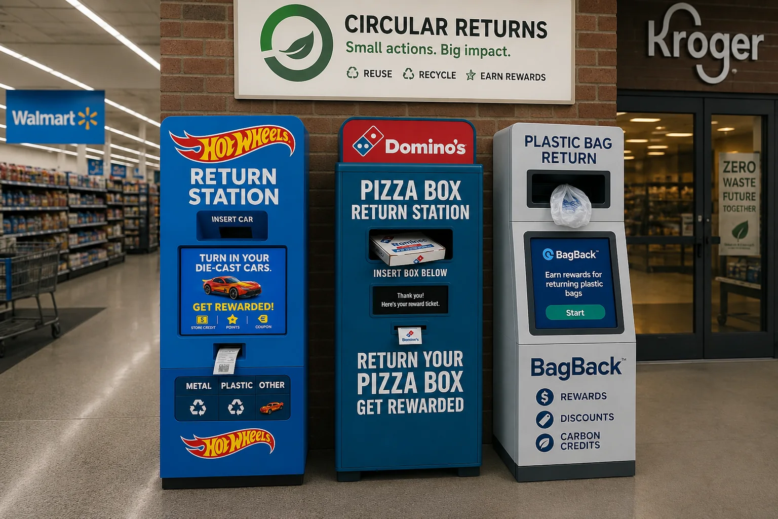 Circular return kiosks representing physical deployment, IP slots, incentives, and circular business systems